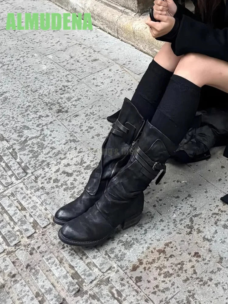 Black Minimalist Soft Leather Side Zipper Mid Calf Boots For Women