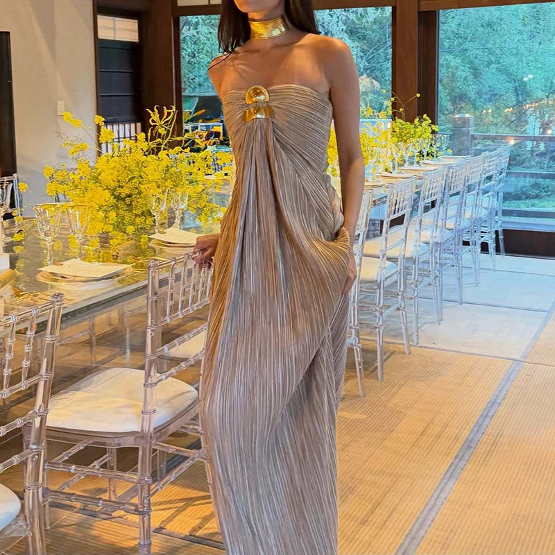 Pleated High Waist Split Maxi Dress
