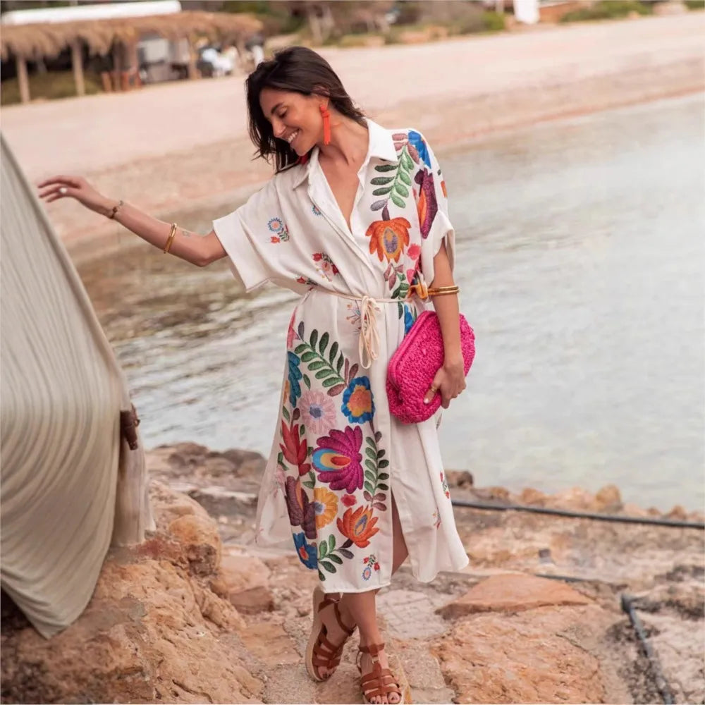 Bohemian Printed Lace-Up Loose-Fit Midi Dress for Women