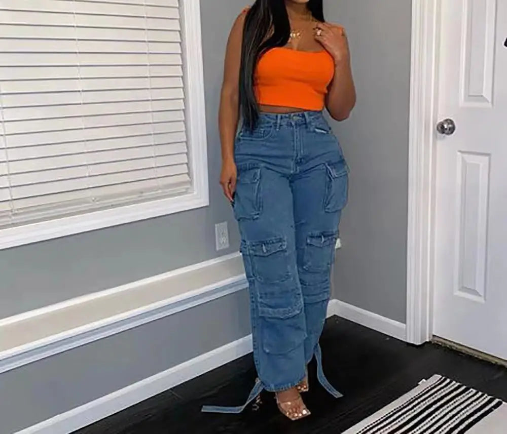 High-Waisted Loose-Fit Multi-Pocket Cargo Jeans for Women