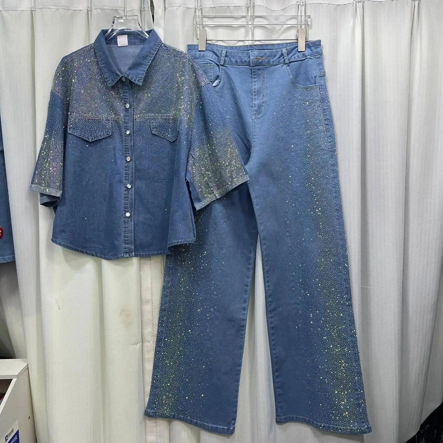ANJY Autumn New Women's 2 Pieces Set Fashion Full Diamonds Short Sleeve Denim Shirt Elegant Fresh Straight Chic Ins Jeans A15818