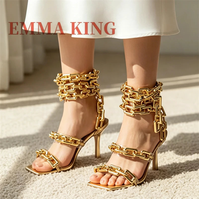 Gold Link Chain Square Toe Strappy Sandals for Women