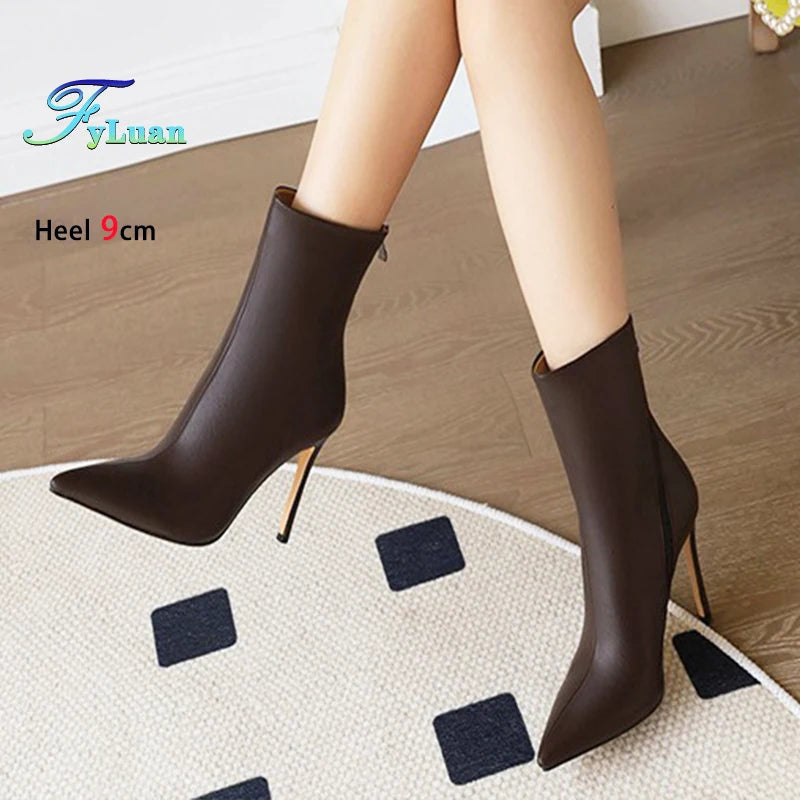 Elegant Plus Size Leather Pointed Toe High Heel Ankle Boots for Women