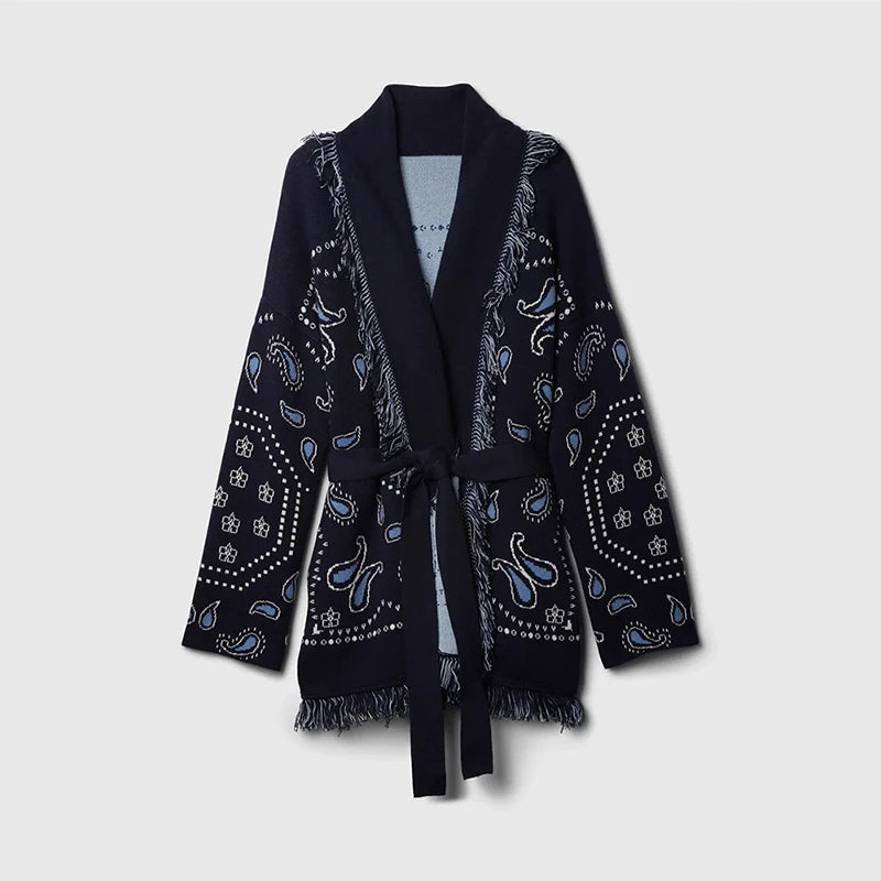 Vintage Patchwork Lace Up Long Sleeve Cardigan For Women