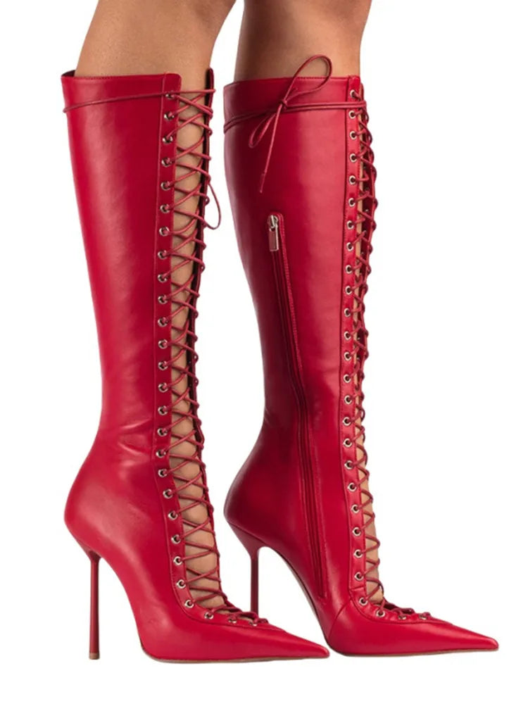 Lace Up Knee High Heeled Boots With Side Zipper for Women