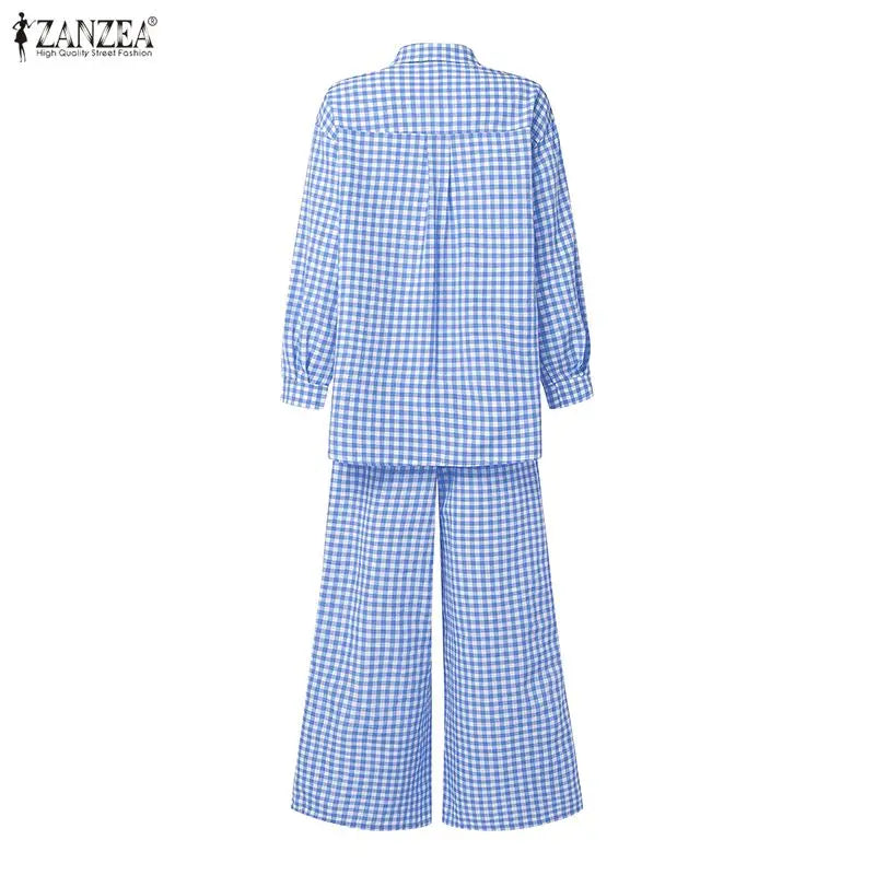 Gingham Blouse And Wide Leg Pants Set