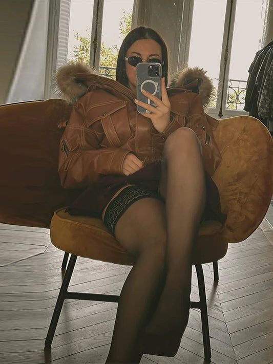 Fur Collar Women 's Leather Jackets Vintage Hooded Zipper Pockets Full Sleeve Jackets Lady 2025 New Woman Winter Coats Outwears