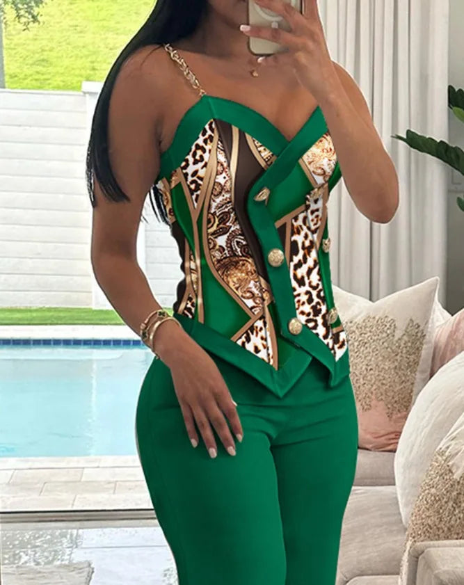 V-Neck Metal Suspender Top Two-Piece Set for Women