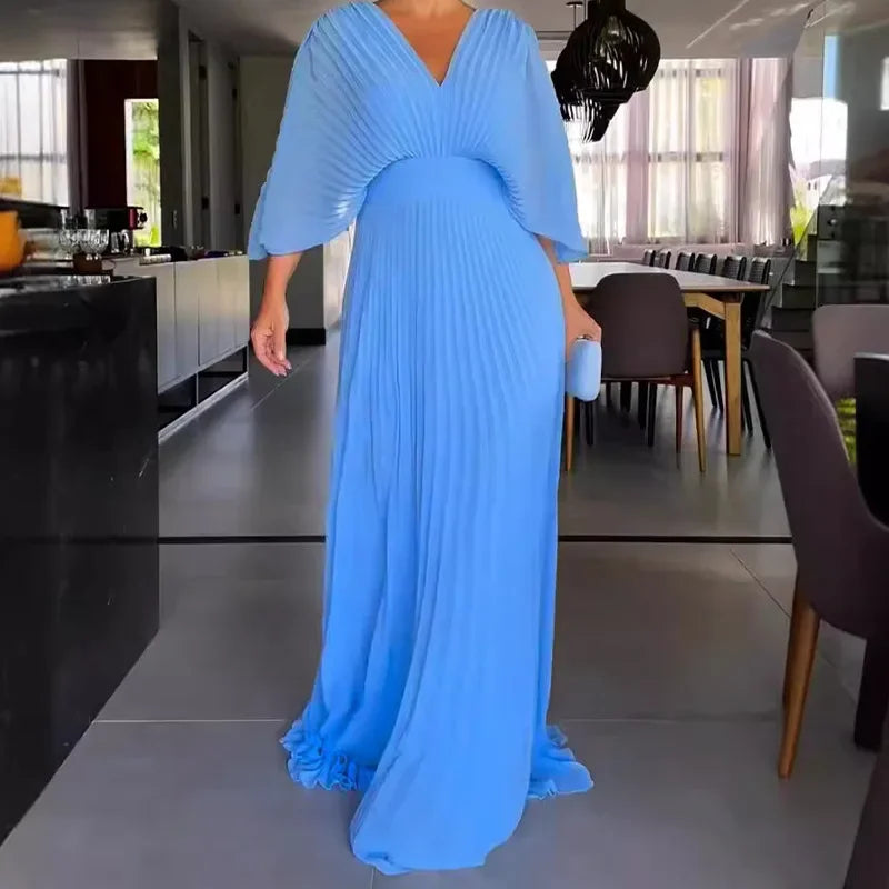 Solid Color V-Neck Bat-Sleeve High-Waisted Dress for Women