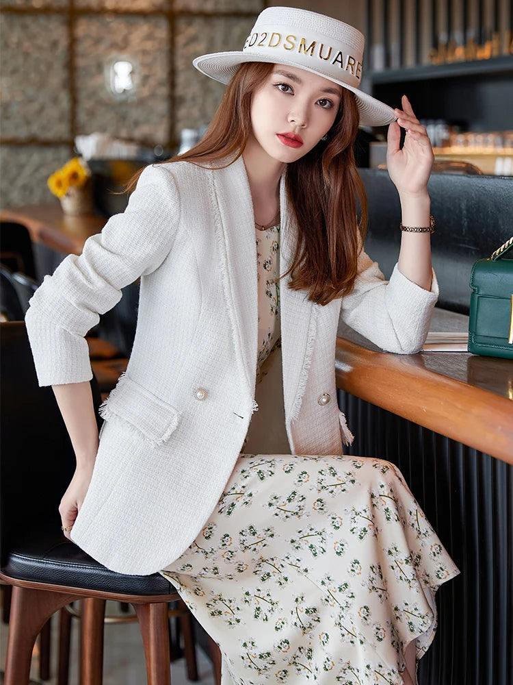 Autumn Winter Outwear Casual Blazer Women Ladies Jacket Pink White Blue Female Slim Long Sleeve Single Breasted Coat