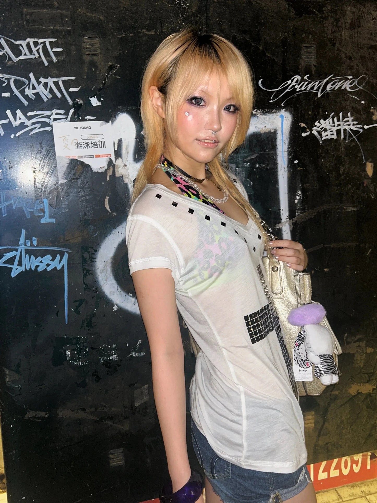 Karrram Japanese Y2k Metal Cross Print T-shirt Vintage Harajuku Short Sleeve Sheer Tops Trashy 2000s V-neck Streetwear Grunge