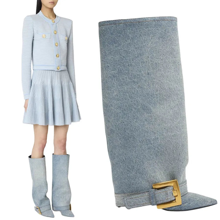 Design Women Metal High Heel Pointed Toe Belt Buckle Knee High Boots Sexy Women Pointy Gold Belt Buckle Knee Boots Plus Size 46