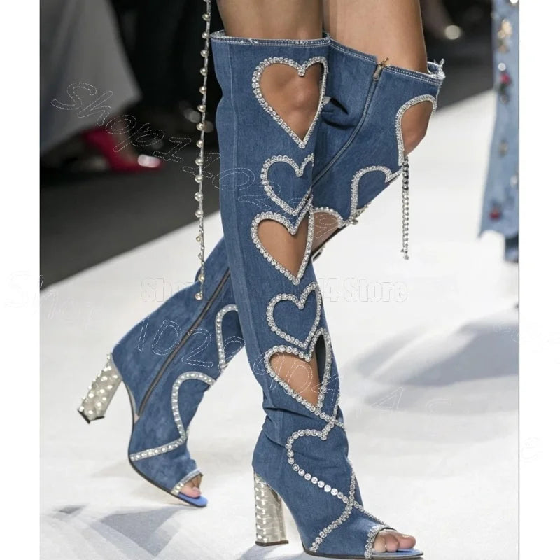 Chunky Heel Pointy Toe Denim Boots With Side Zipper For Women