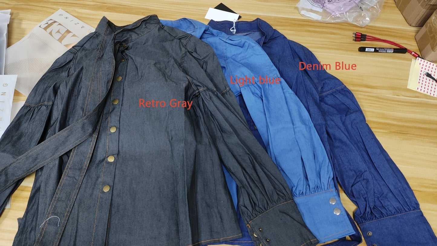 Gymystars Urban Imitation Denim Blouse Tops Women's Blouses&Shirts 2025 New Spring Long Sleeves Puff Sleeves Tied High Neck Clot