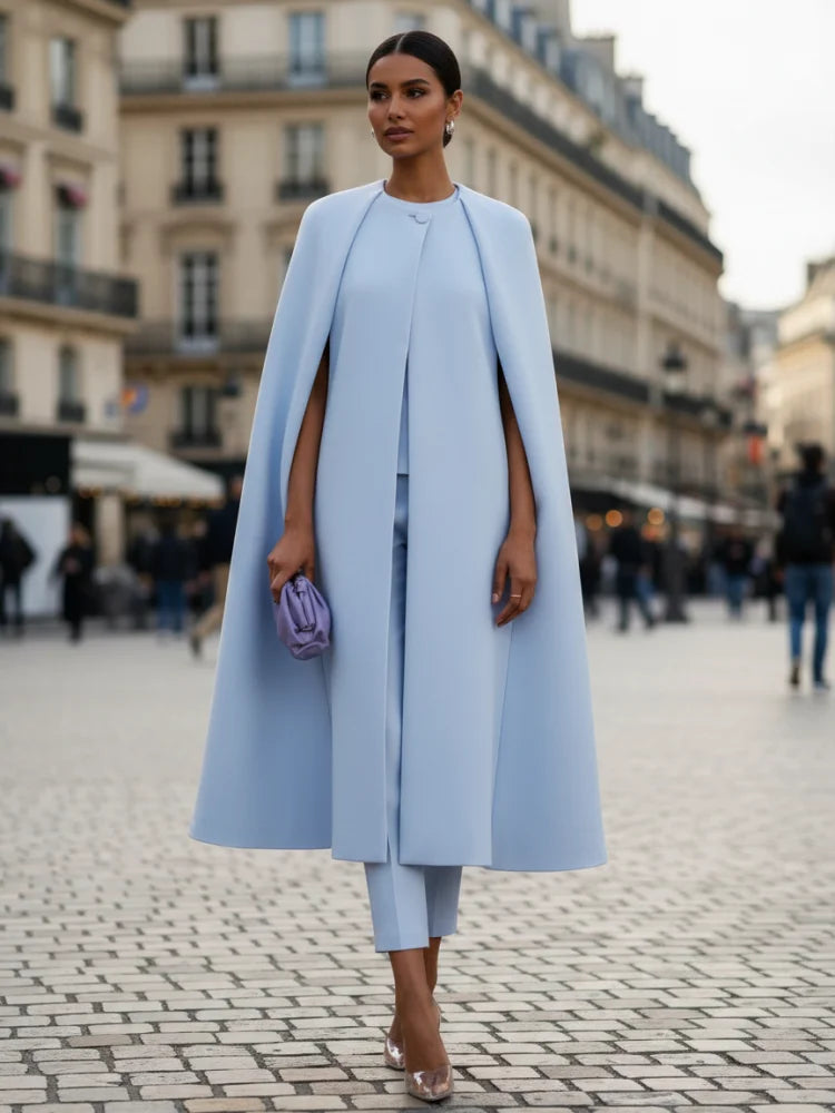 Elegant Solid Color Cape Coat High Waist Pants Two Piece Set For Women