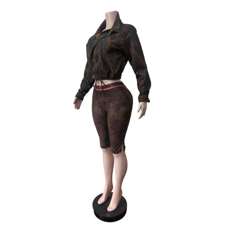 Leopard Print Jacket And Shorts Two Piece Set for Women