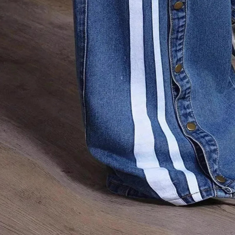 ANJY Spring Autumn New Women Streetwear Fashion Buttons Slit Striped Color Block Jeans Stylish Loose Wide-Leg Denim Pants A23331