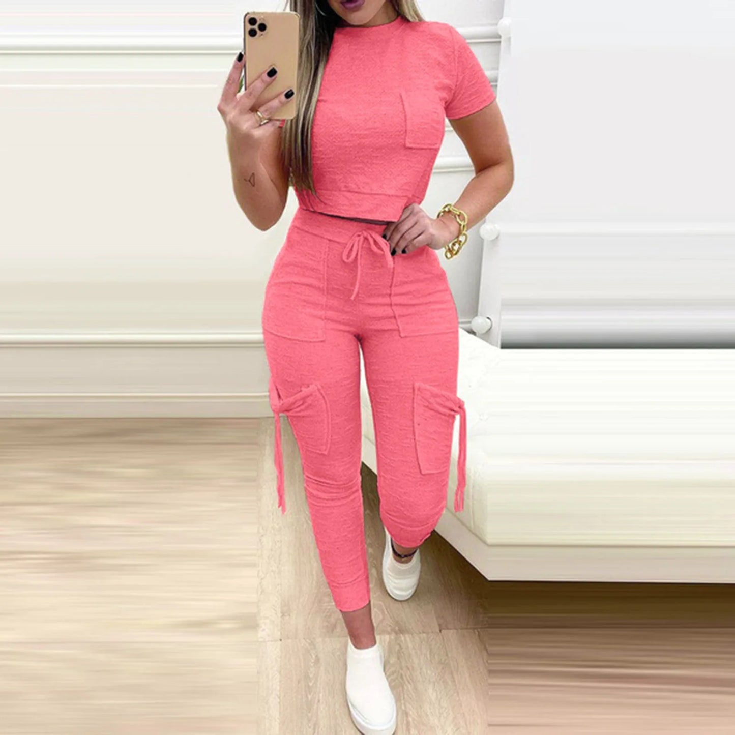 Cropped Tee and Long Pants Two Piece Set for Women