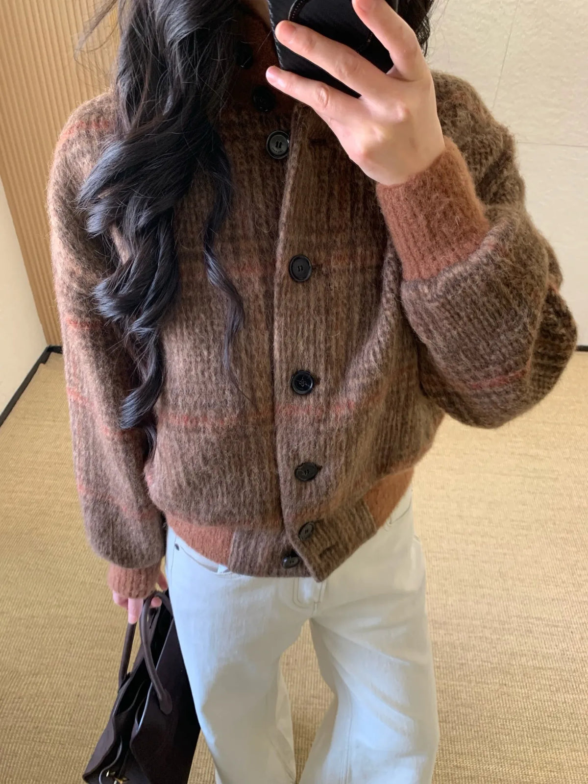 Vintage Plaid Wool Blend Stand Collar Jacket for Women