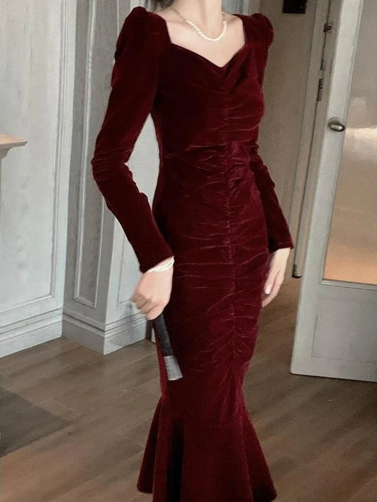 Women Velvet Long Sleeve Maxi Dress Autumn Elegant Luxury A Line Gown High Waist Chic Party Evening Dress Versatile