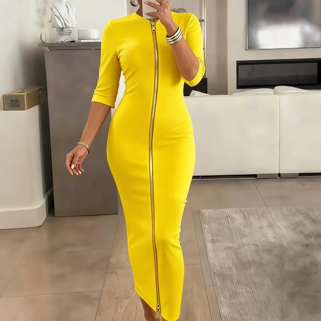 V-Neck Zipper Mid-Sleeve Ankle-Length Dress for Women