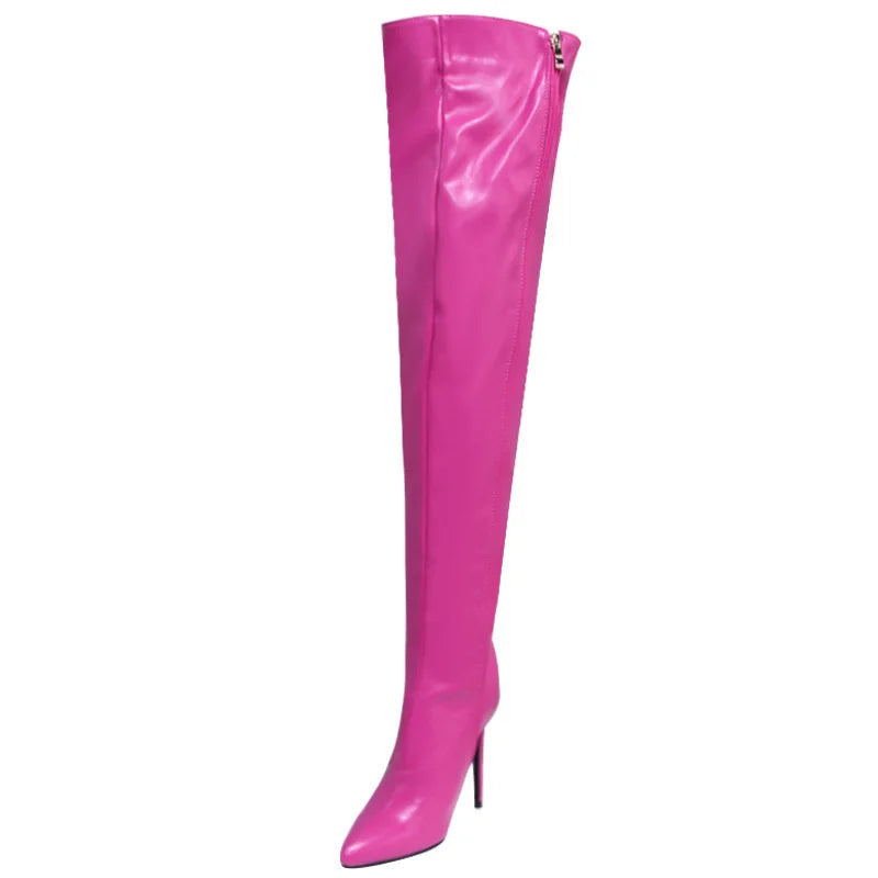 Fashion Leather Side Zipper Pointed Toe Stiletto Over The Knee Boots for Women
