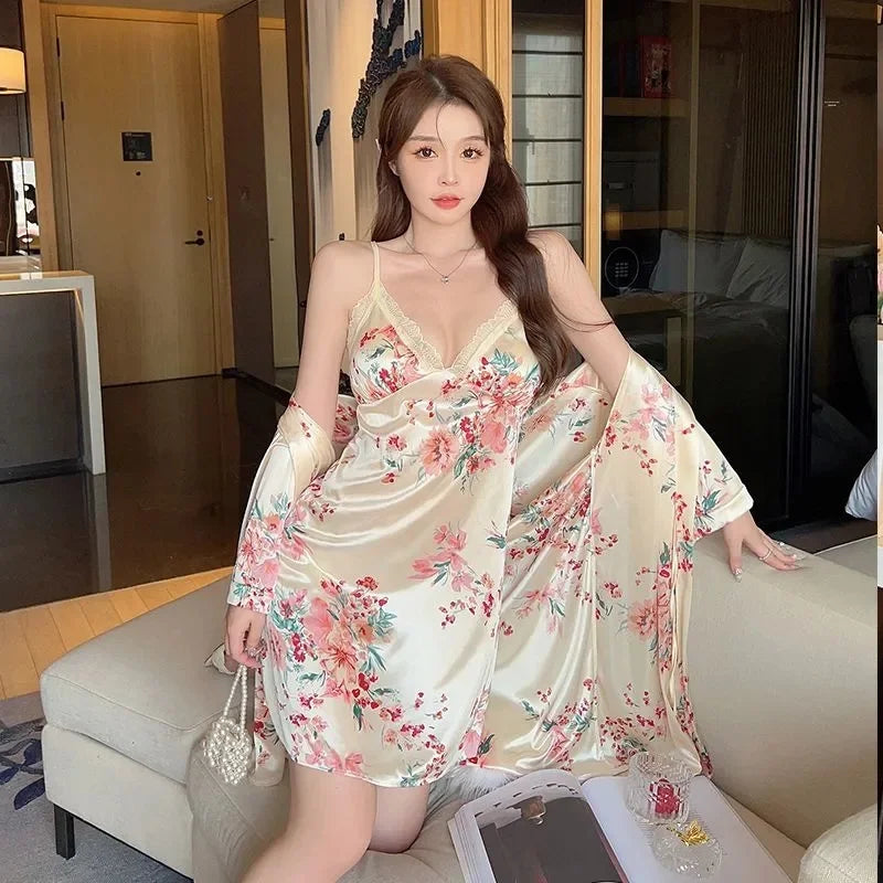 Comfortable Relaxed Fit Lace Up Two Piece Robe Set For Women