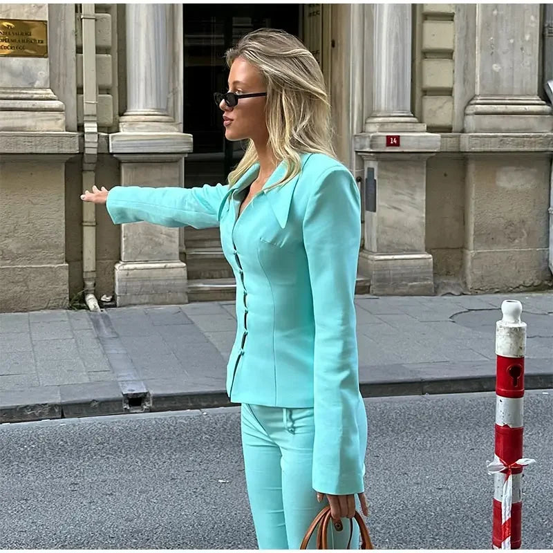 Turn-Down Collar Tailored Blazer Skirt Set for Women