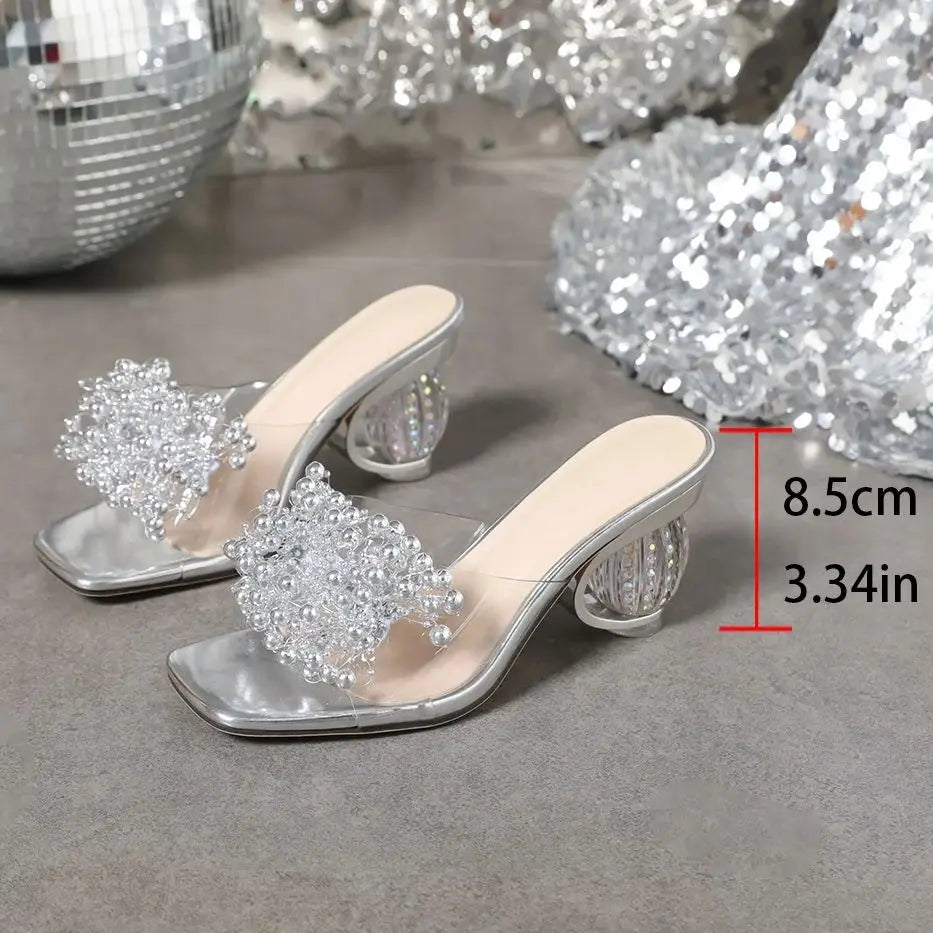 Water Diamond Flower Embellished Glitter Sandals for Women