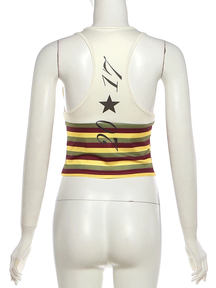 Patchwork Stripe V Neck Backless Tank Top for Women