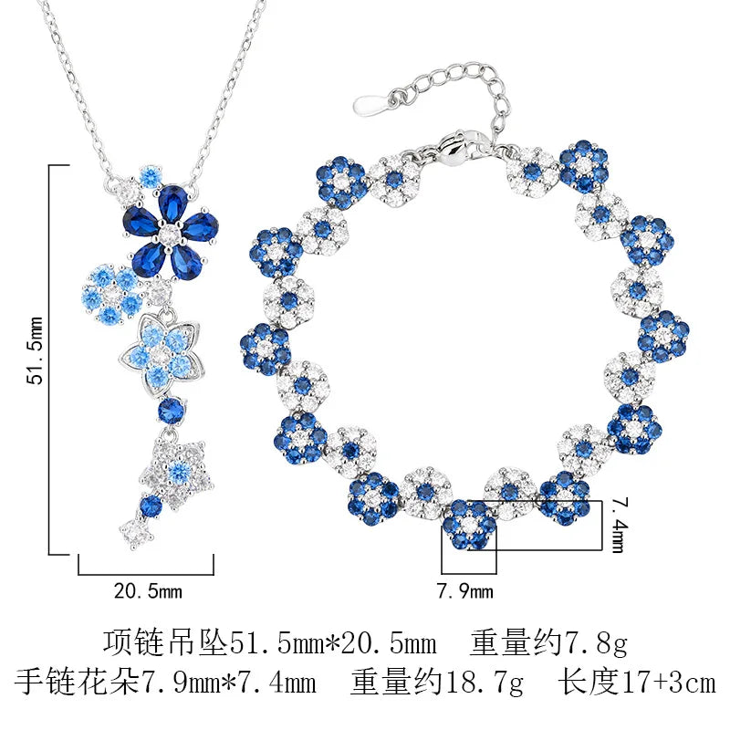 Vintage Blue Floral Zircon Necklace and Bracelet Set for Women