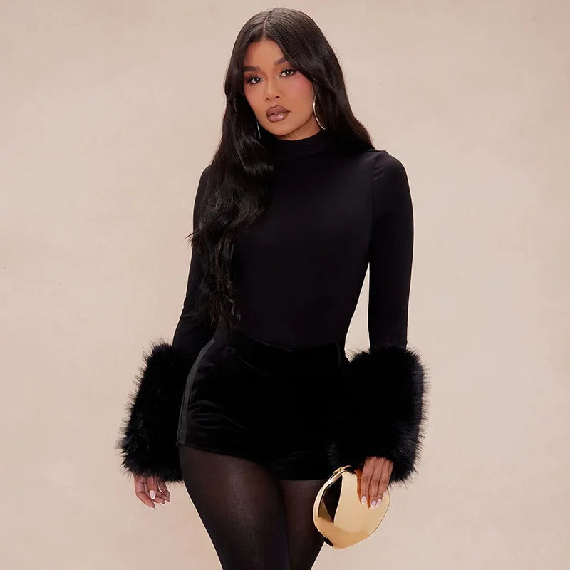 Long Sleeve Fur Patchwork Bodysuit and Shorts Set for Women