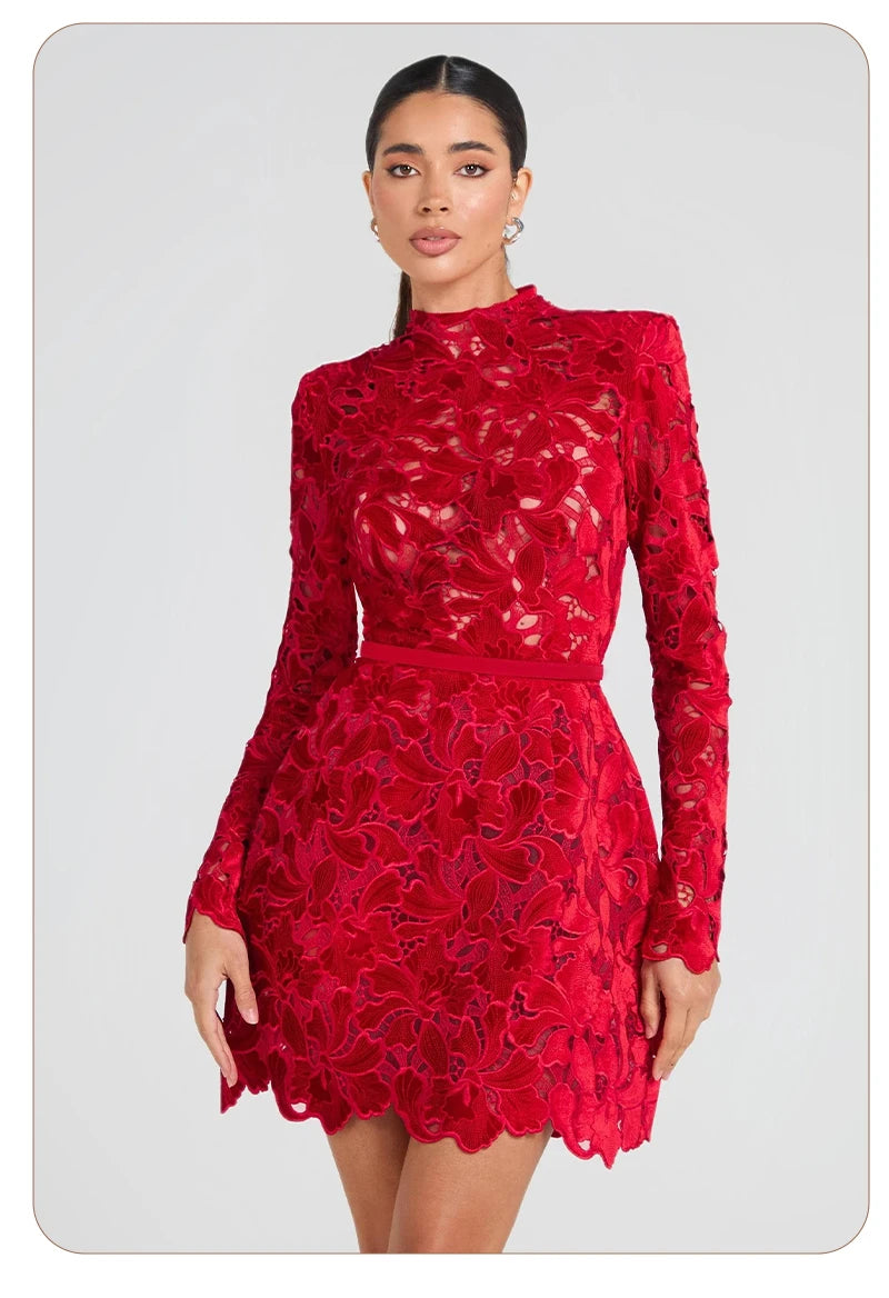 Retro Glamour Red Lace Waist-Cinched Mini Dress for Women