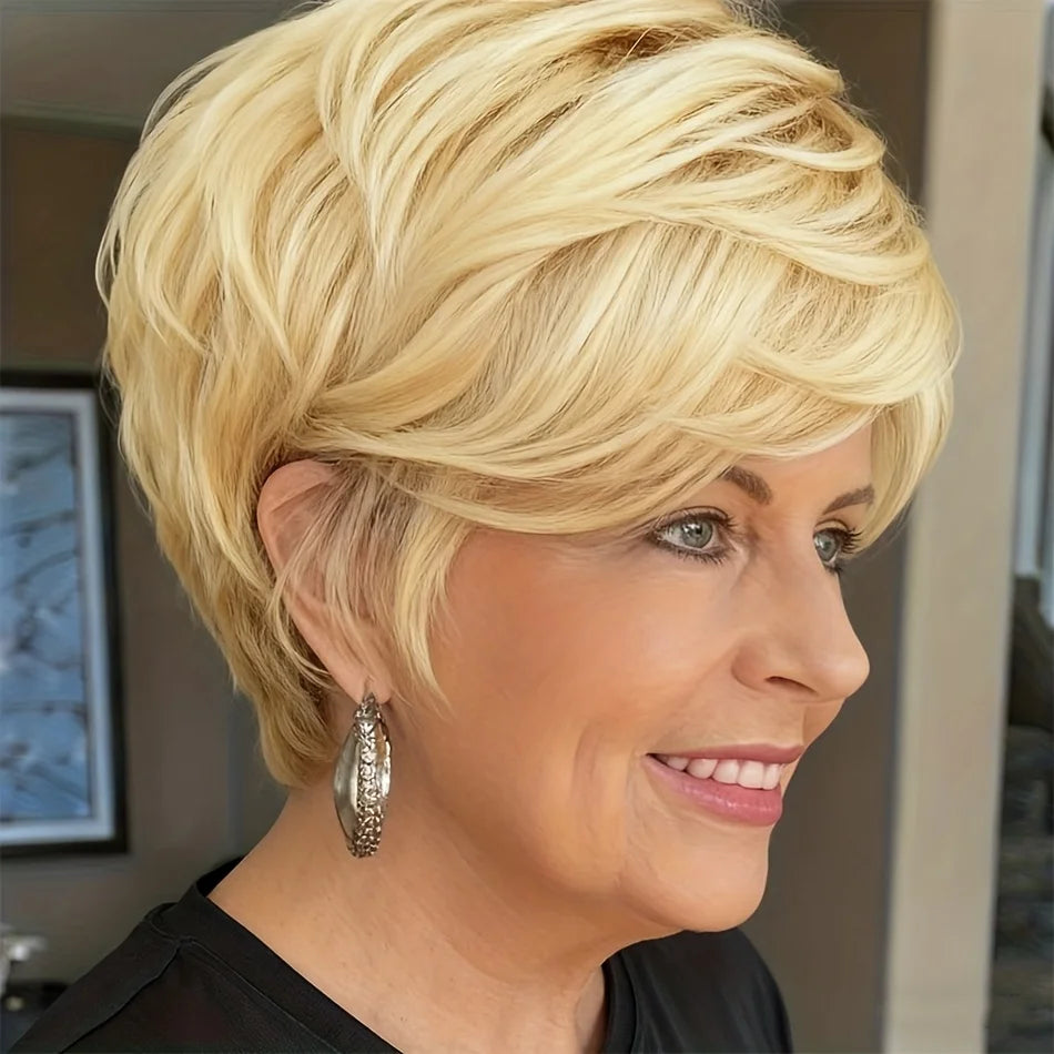 Short Blonde Layered Bob Pixie Human Hair Wig for Women