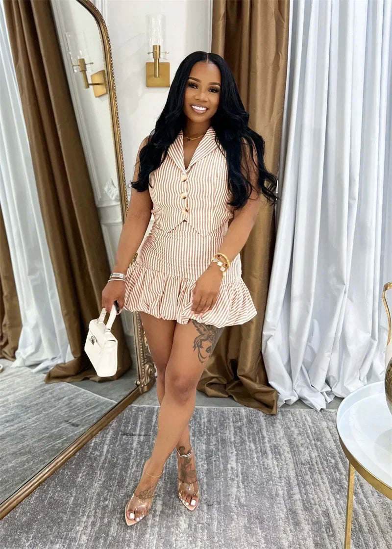 Striped Notched Vest Top And Mini Skirt Set for Women