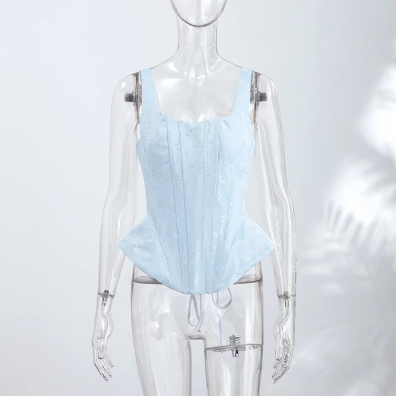 Waist Cinched Jacquard Fishbone Corset Top For Women