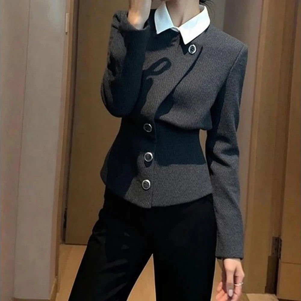 Grey Faux Two Piece Button Detail Casual Coat For Women