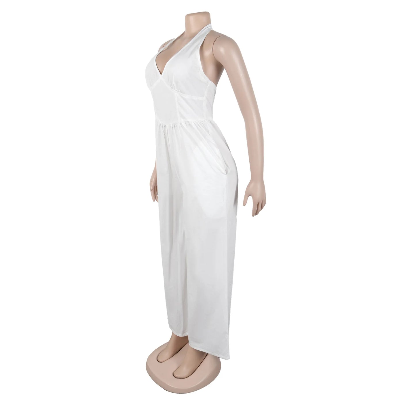 Elegant V-Neck Halter Solid Wide-Leg Jumpsuit for Women