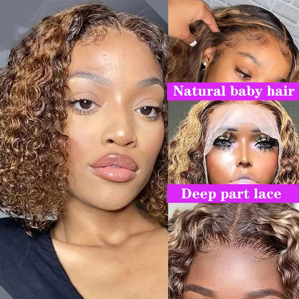 250% Density Highlight Short Curly Bob Wig Deep Wave Bob Lace Wig 13x4 Lace Front Human Hair Wigs Brazilian Virgin Human Hair