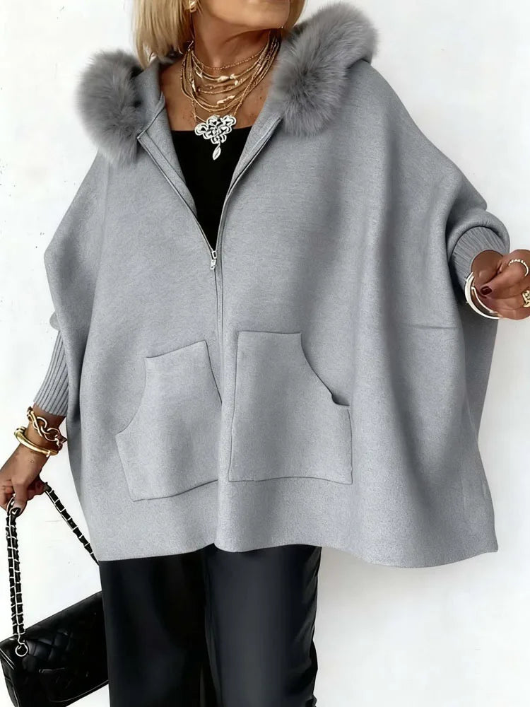Elegant Fluffy Splicing Solid Loose Sweater Coat Autumn Winter Women Casual Knit Jacket Fashion Zip Long Sleeve Hooded Outercoat