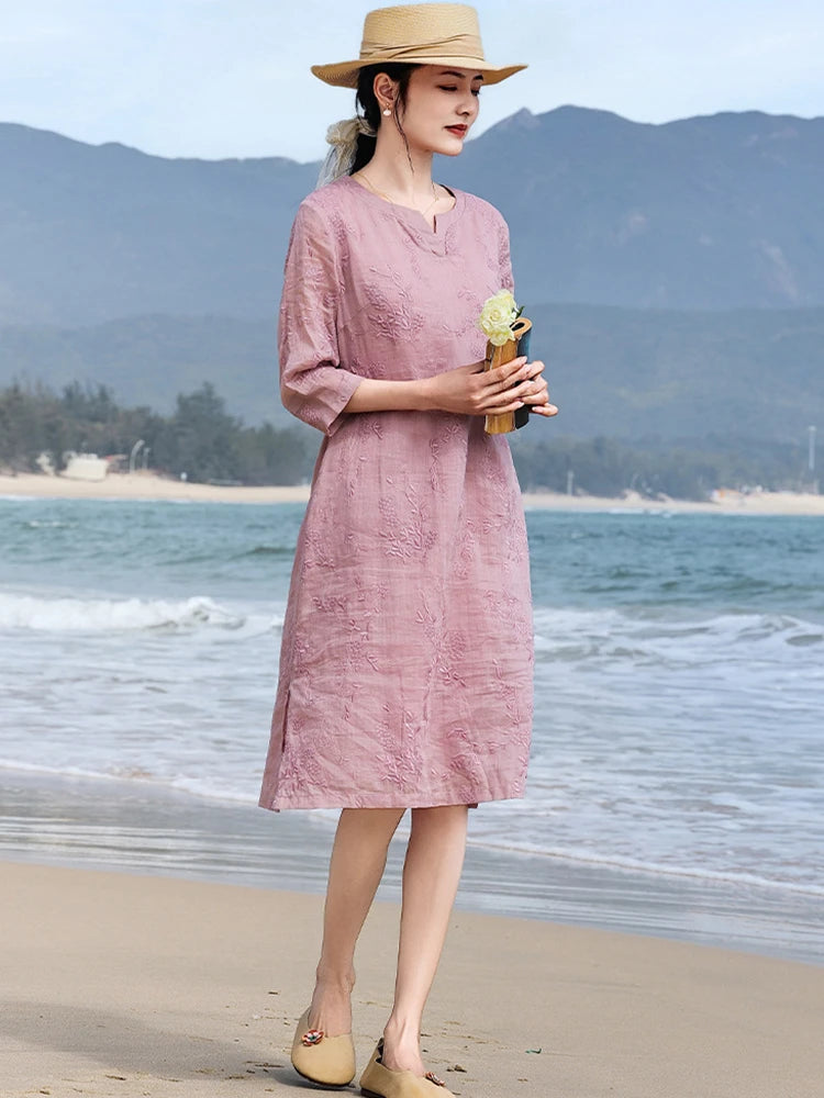 Elegant Embroidered Ramie Linen Knee Length Dress for Women