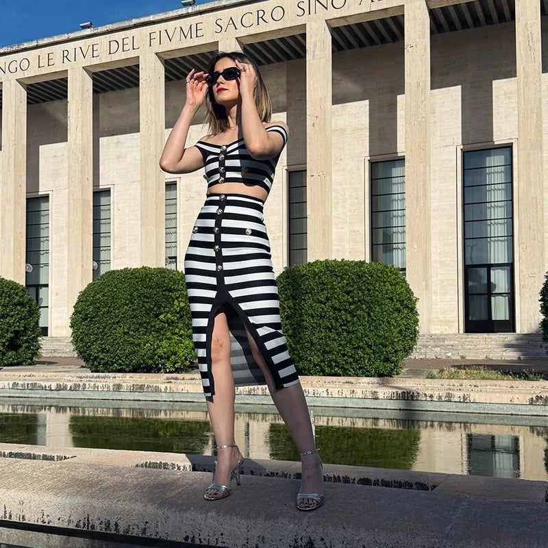 Striped Off Shoulder Sleeveless Two Piece Set For Women