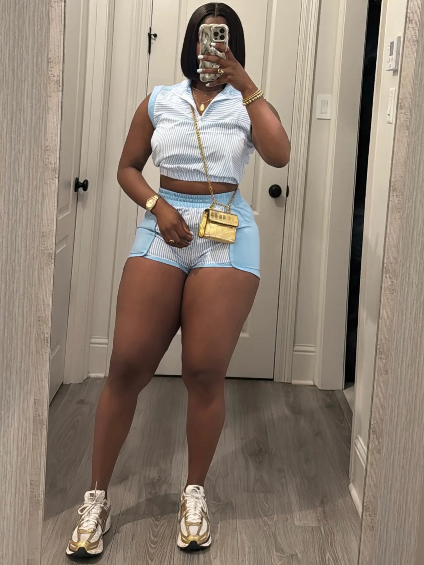 Striped Patchwork Crop Top and Shorts Set for Women