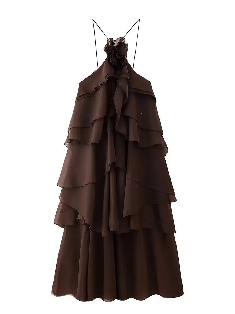 Backless 3D Flower Cascading Ruffle Halter Maxi Dress For Women