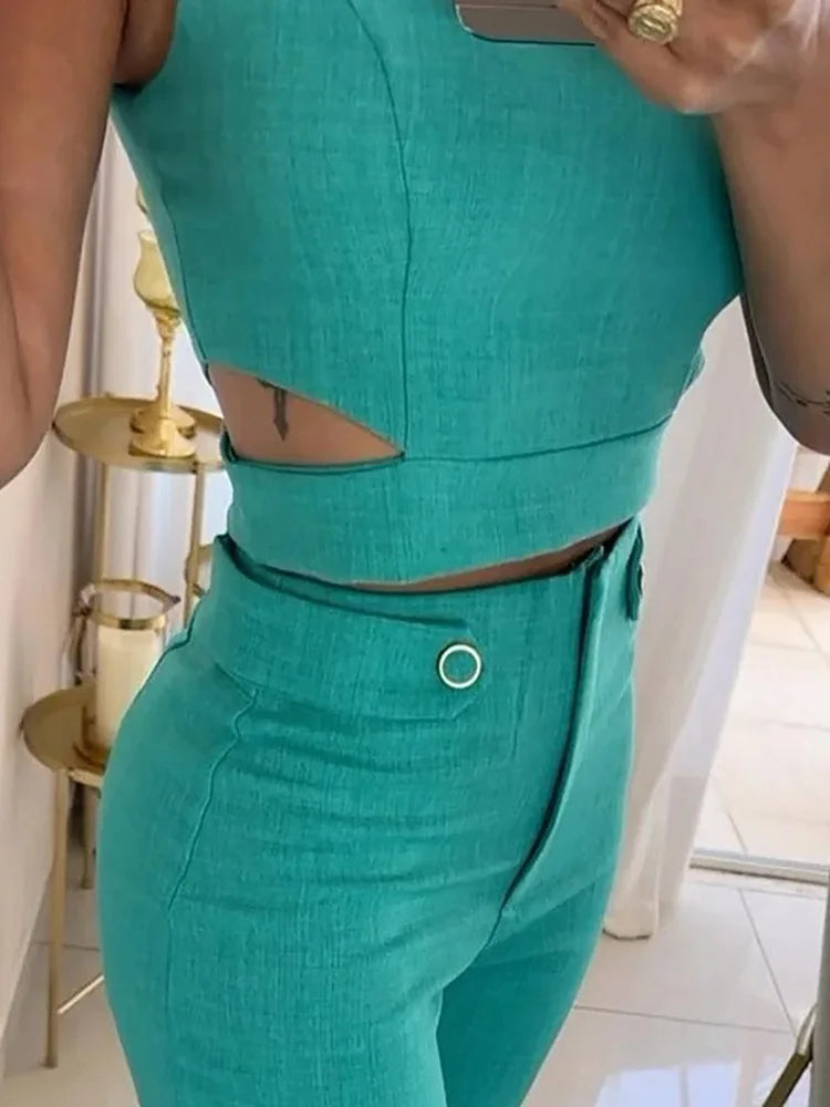 Hollow Out Sleeveless Crop Top and Wide Leg Pants Set for Women