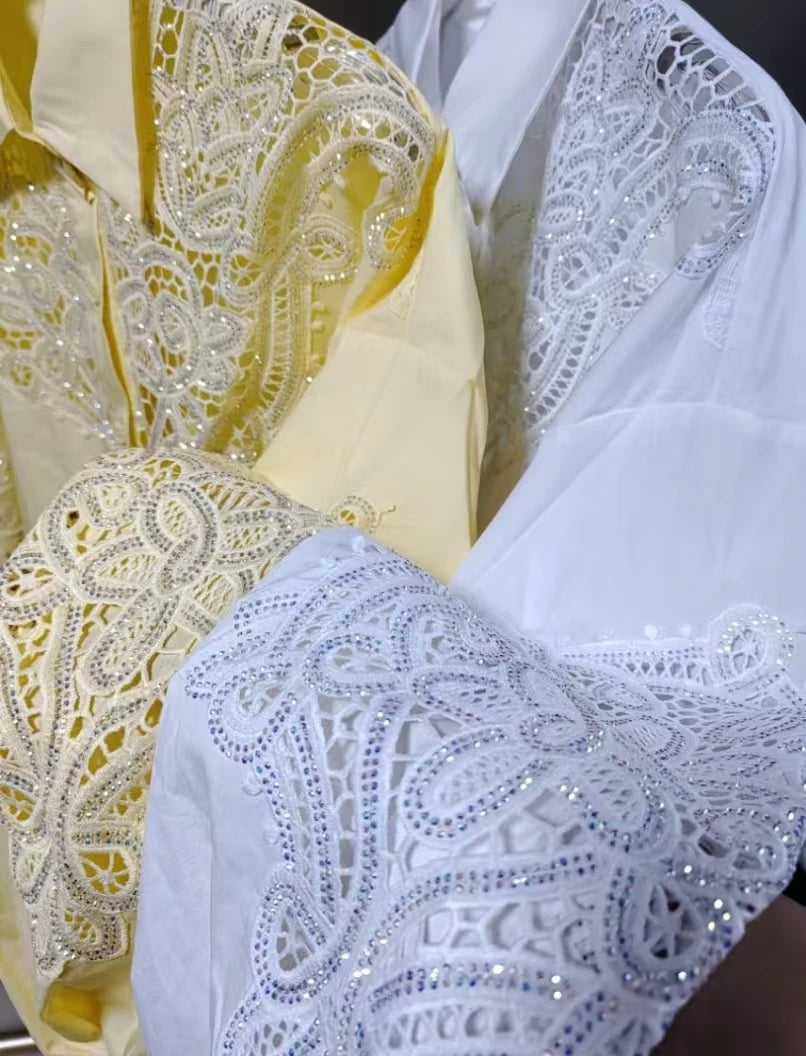 Sequined Embroidered Lantern Sleeve Hollow Out Cotton Blouse for Women