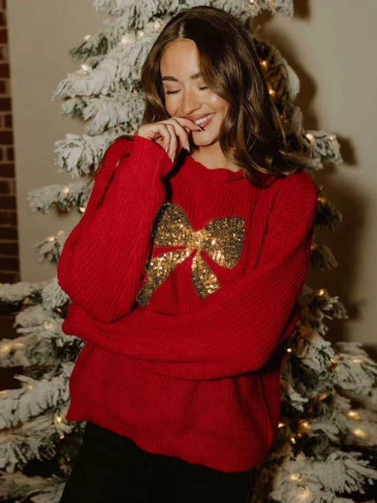 Casual Bow Print Knit Texture Long Sleeve Sweater for Women