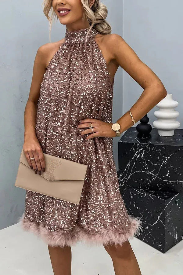 Sexy Lady Patchwork Sequins Slim Dress Women Spring Summer Sleeveless Halter Dress 2025 Casual Lacing Up Party Club Solid Dress
