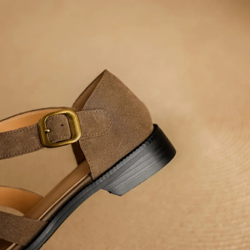 Retro Cowsuede Buckle Strap Closed Toe Sandals for Women