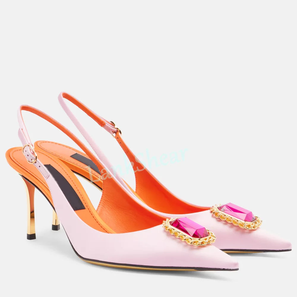 Crystal Embellished Pointed Toe Satin Sandals for Women